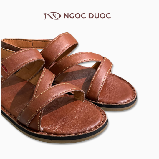 SANDAL DA QUAI ĐAN CHÉO VIỀN CHỈ NỔI MÀU DA BÒ